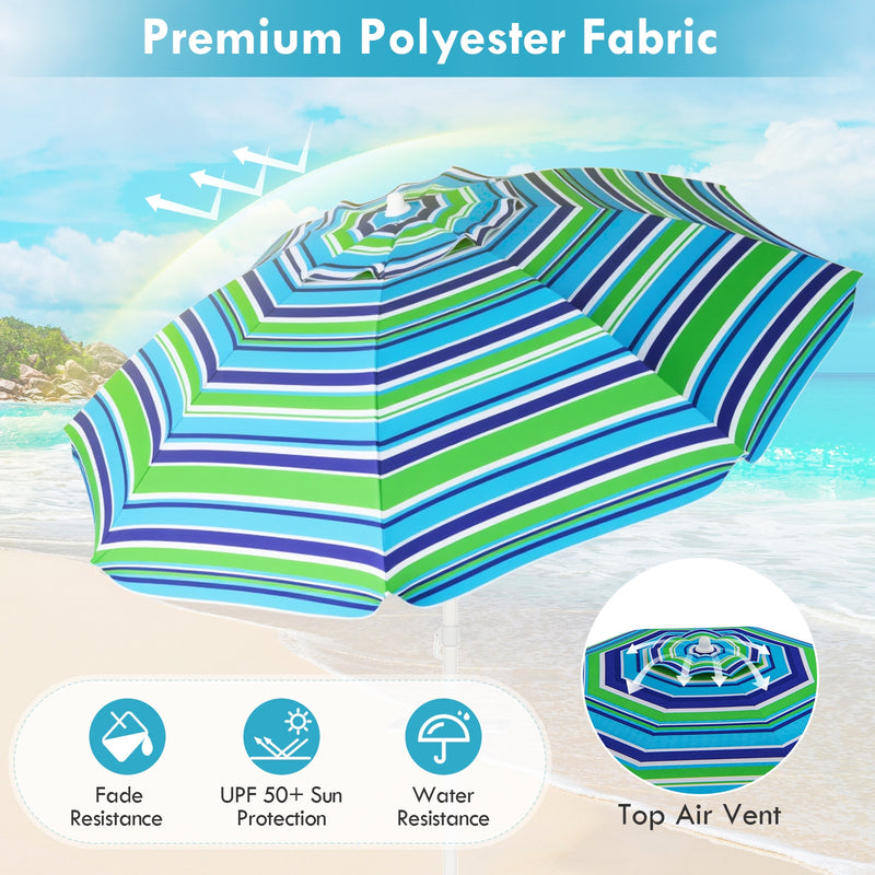 Costway - 7.2 Feet Portable Outdoor Beach Umbrella with Sand Anchor and Tilt Mechanism-Green