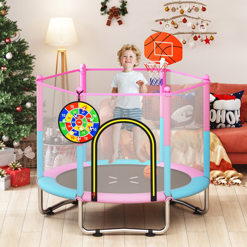 Costway - 60 inch Kids Trampoline Toddler Recreational Trampoline with Basketball Hoop-Macaron