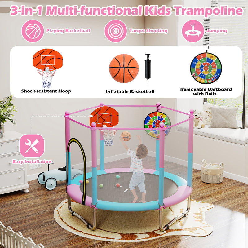 Costway - 60 inch Kids Trampoline Toddler Recreational Trampoline with Basketball Hoop-Macaron