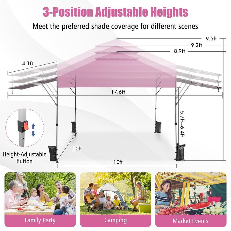 Costway - 10 x 17.6 Feet Outdoor Instant Pop-up Canopy Tent with Dual Half Awnings-Pink