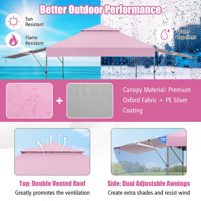 Costway - 10 x 17.6 Feet Outdoor Instant Pop-up Canopy Tent with Dual Half Awnings-Pink
