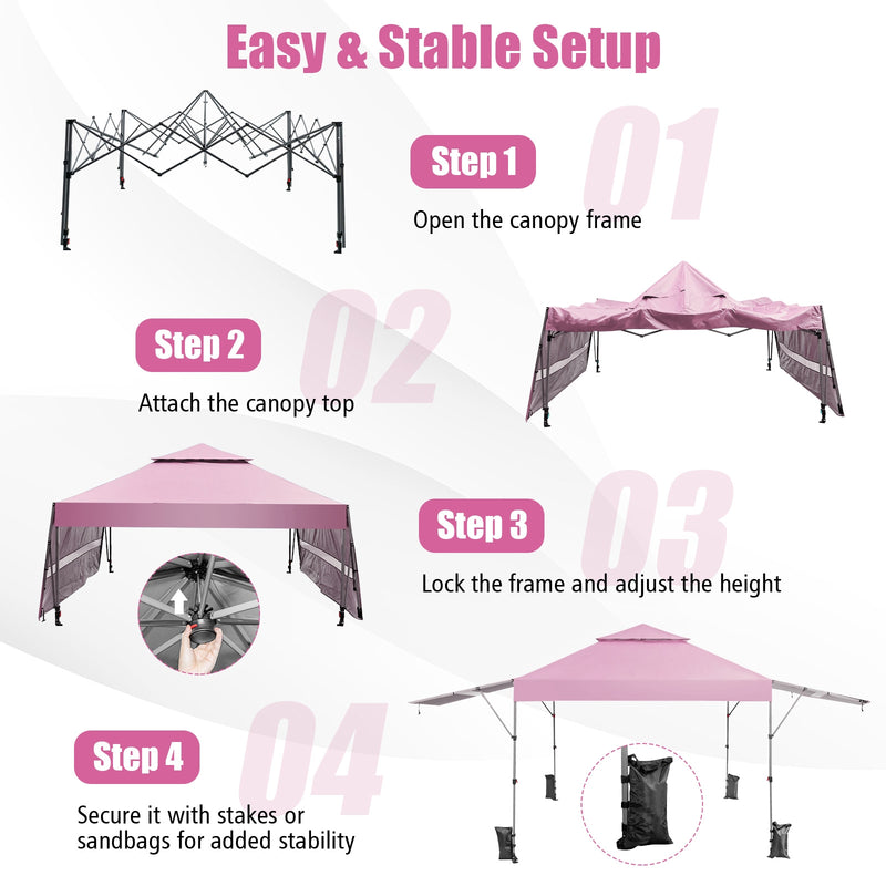 Costway - 10 x 17.6 Feet Outdoor Instant Pop-up Canopy Tent with Dual Half Awnings-Pink