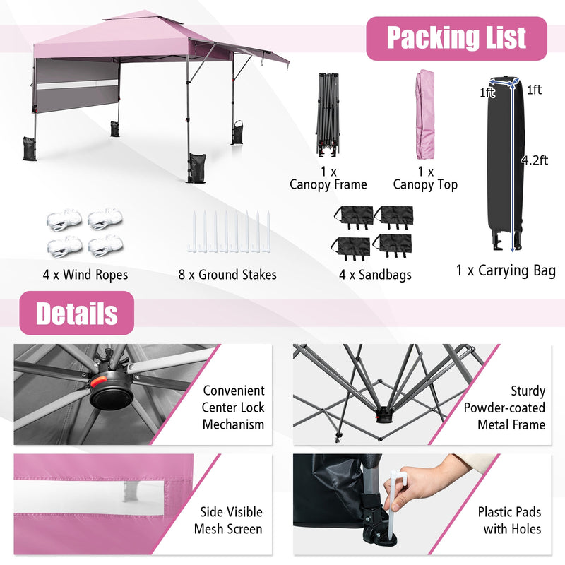 Costway - 10 x 17.6 Feet Outdoor Instant Pop-up Canopy Tent with Dual Half Awnings-Pink