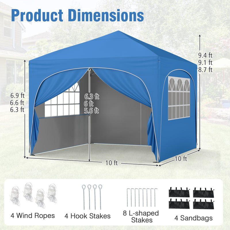 Costway - 10 X 10 FT Pop up Canopy Tent with 4 Removable Sidewall-Blue