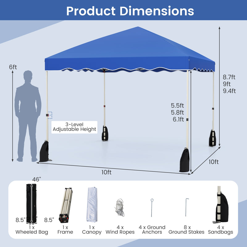 Costway - Foldable 10 X 10 Feet Pop up Canopy Tent with Wheeled Bag-Blue