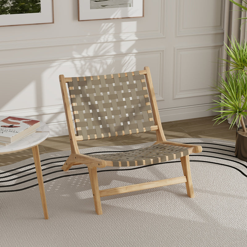 Costway - Modern Armless Teak Wood Lounge Chair with Nylon Woven Backrest and Seat-Brown