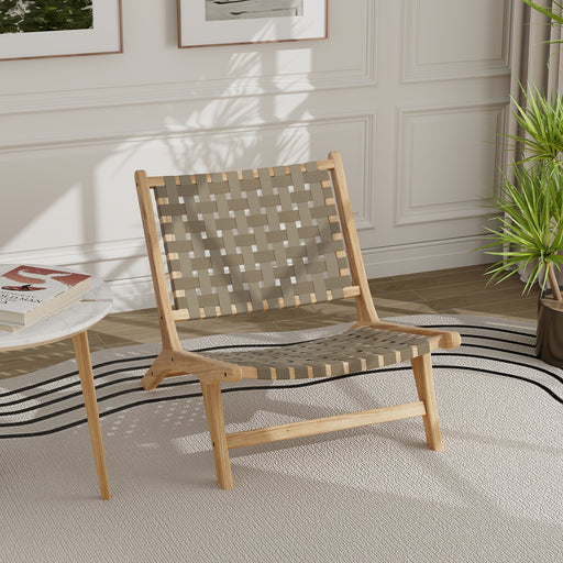 Costway - Modern Armless Teak Wood Lounge Chair with Nylon Woven Backrest and Seat-Brown