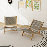 Costway - Modern Armless Teak Wood Lounge Chair with Nylon Woven Backrest and Seat-Brown