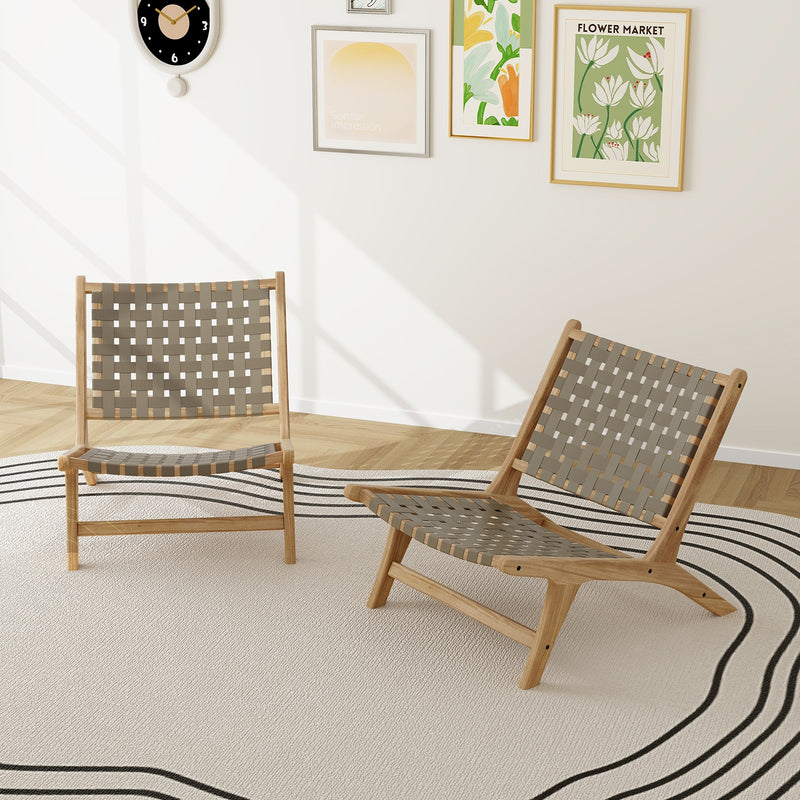 Costway - Modern Armless Teak Wood Lounge Chair with Nylon Woven Backrest and Seat-Brown