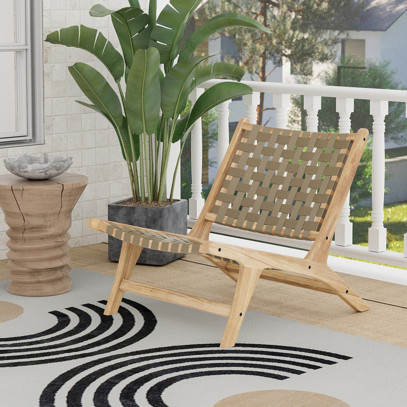 Costway - Modern Armless Teak Wood Lounge Chair with Nylon Woven Backrest and Seat-Brown