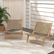 Costway - Modern Armless Teak Wood Lounge Chair with Nylon Woven Backrest and Seat-Brown
