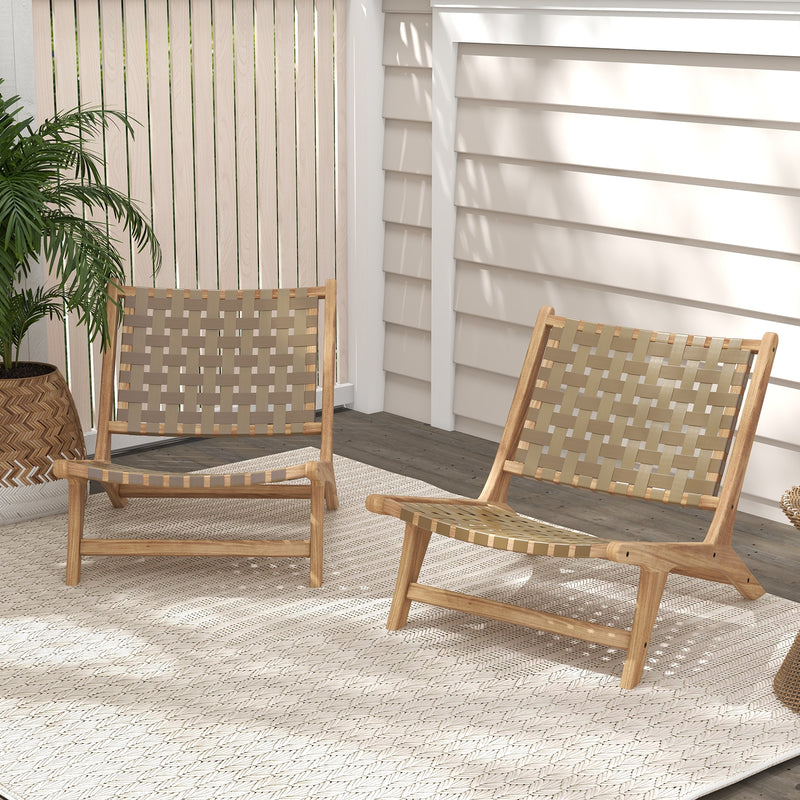 Costway - Modern Armless Teak Wood Lounge Chair with Nylon Woven Backrest and Seat-Brown