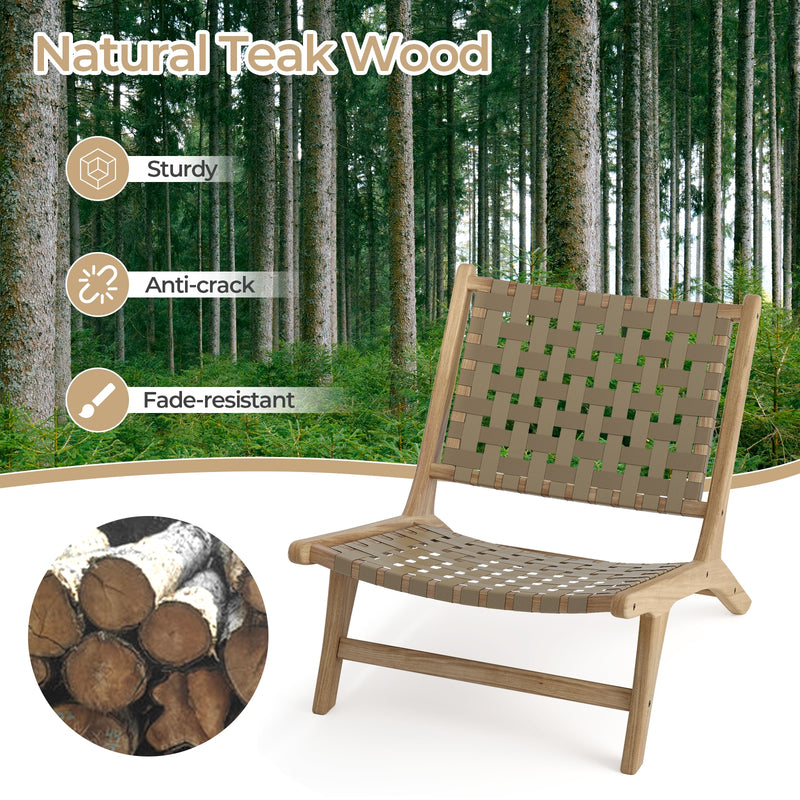 Costway - Modern Armless Teak Wood Lounge Chair with Nylon Woven Backrest and Seat-Brown