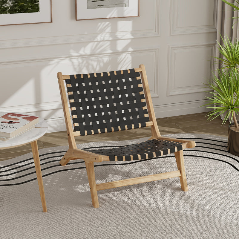 Costway - Modern Armless Teak Wood Lounge Chair with Nylon Woven Backrest and Seat-Black