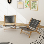Costway - Modern Armless Teak Wood Lounge Chair with Nylon Woven Backrest and Seat-Black