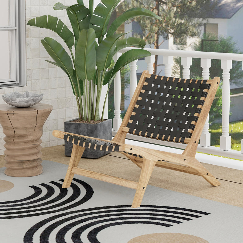 Costway - Modern Armless Teak Wood Lounge Chair with Nylon Woven Backrest and Seat-Black