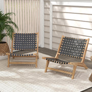 Costway - Modern Armless Teak Wood Lounge Chair with Nylon Woven Backrest and Seat-Black