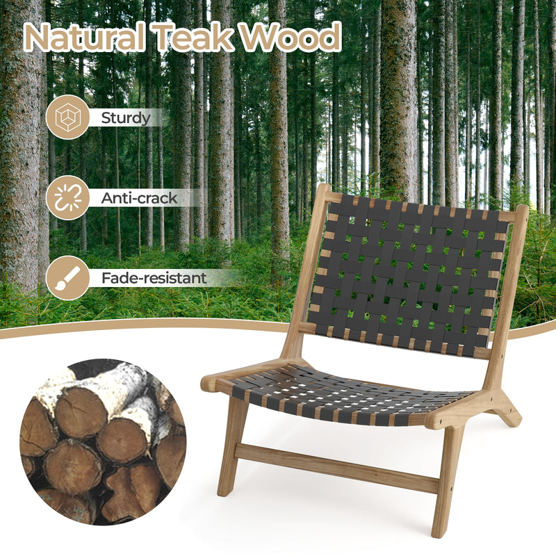 Costway - Modern Armless Teak Wood Lounge Chair with Nylon Woven Backrest and Seat-Black
