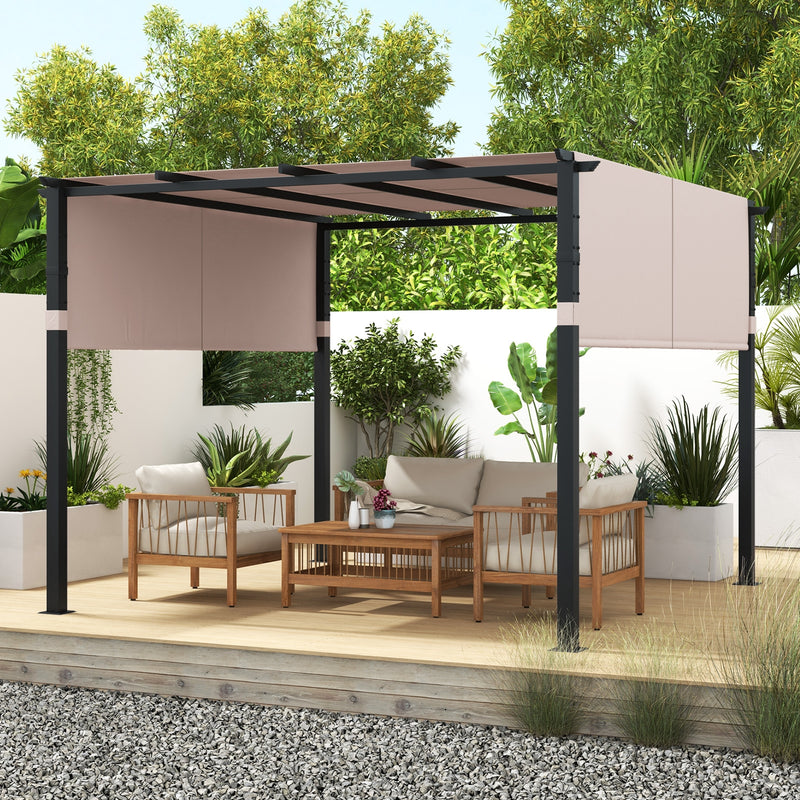 Costway - 10 x 10 ft Flat Top Pergola with Retractable Canopy for Garden Pool Porch and Backyard-Beige