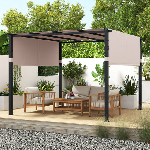 Costway - 10 x 10 ft Flat Top Pergola with Retractable Canopy for Garden Pool Porch and Backyard-Beige