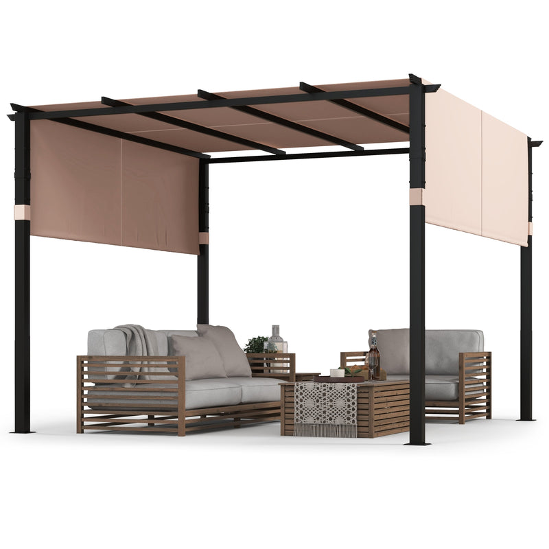 Costway - 10 x 10 ft Flat Top Pergola with Retractable Canopy for Garden Pool Porch and Backyard-Beige