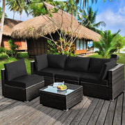 Costway - 5 Pieces Cushioned Patio Rattan Furniture Set with Glass Table-Black