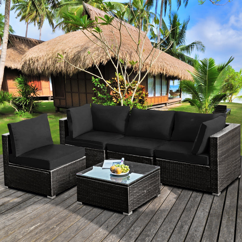 Costway - 5 Pieces Cushioned Patio Rattan Furniture Set with Glass Table-Black