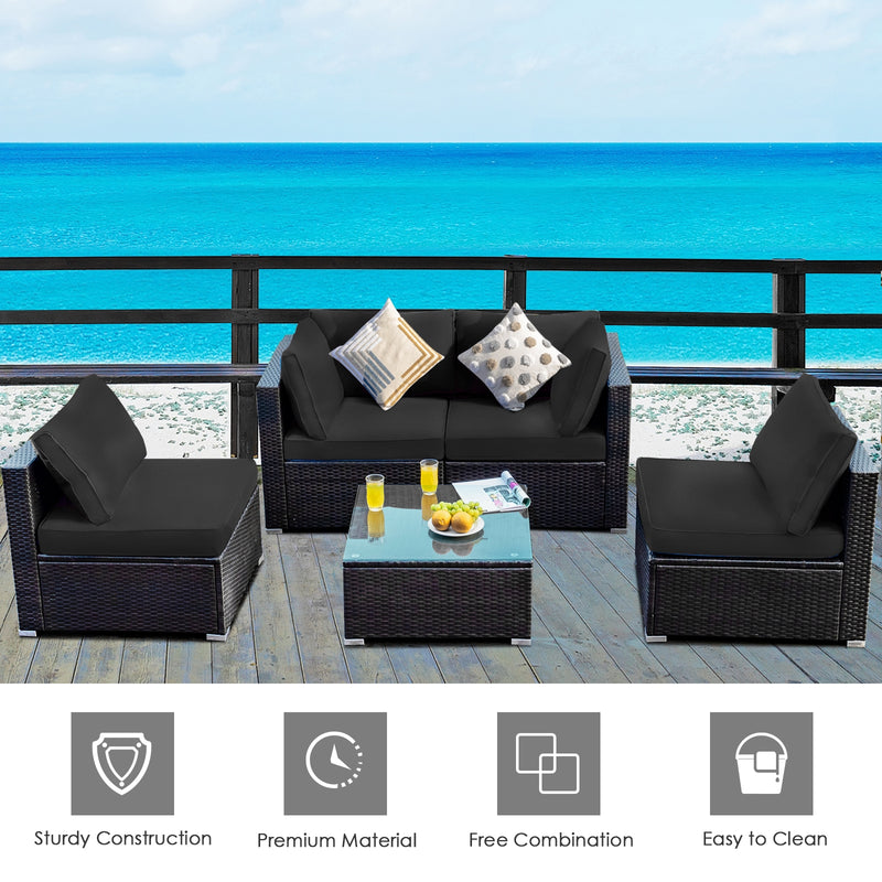 Costway - 5 Pieces Cushioned Patio Rattan Furniture Set with Glass Table-Black