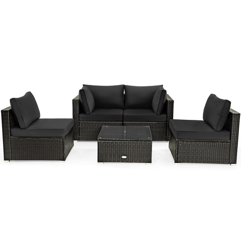 Costway - 5 Pieces Cushioned Patio Rattan Furniture Set with Glass Table-Black