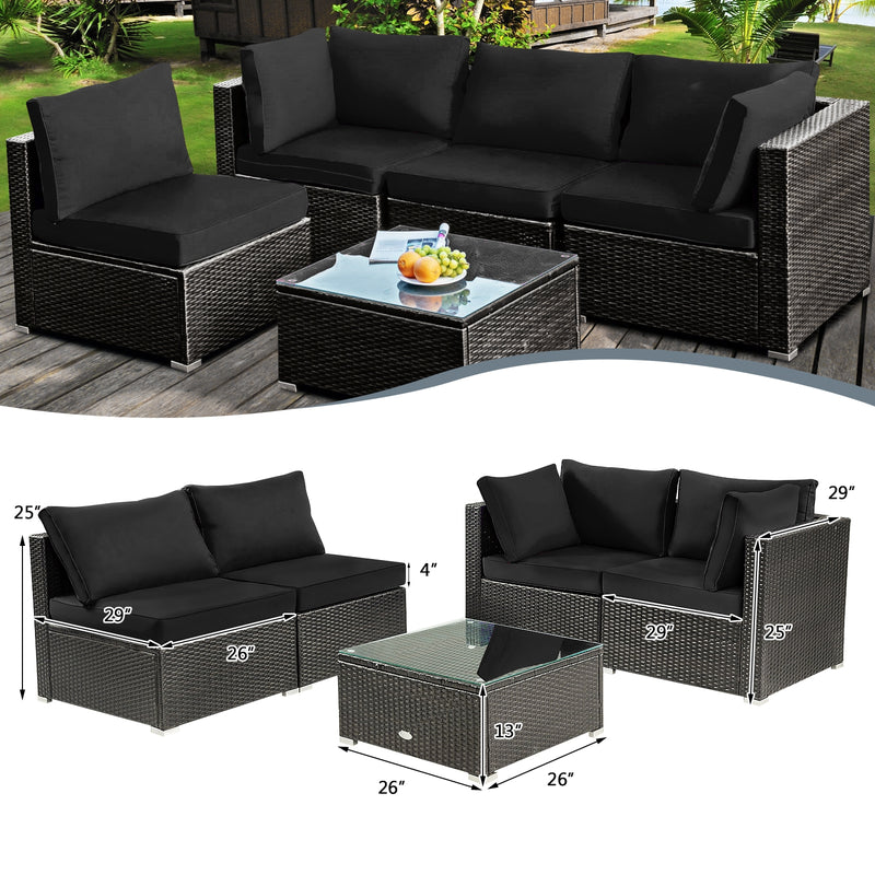 Costway - 5 Pieces Cushioned Patio Rattan Furniture Set with Glass Table-Black