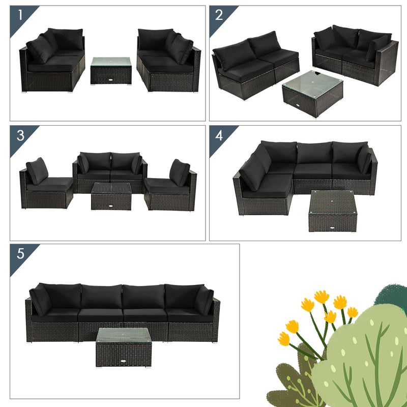 Costway - 5 Pieces Cushioned Patio Rattan Furniture Set with Glass Table-Black