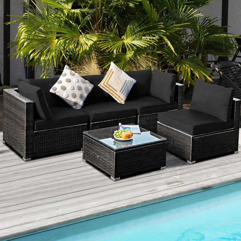 Costway - 5 Pieces Cushioned Patio Rattan Furniture Set with Glass Table-Black