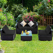 Costway - 5 Pieces Cushioned Patio Rattan Furniture Set with Glass Table-Black