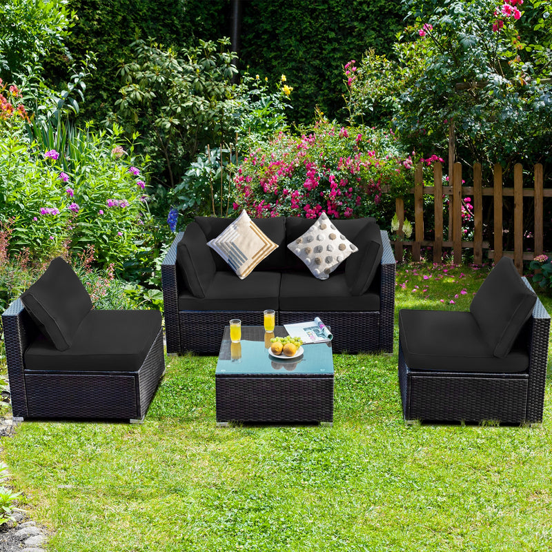 Costway - 5 Pieces Cushioned Patio Rattan Furniture Set with Glass Table-Black