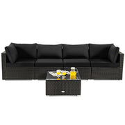 Costway - 5 Pieces Cushioned Patio Rattan Furniture Set with Glass Table-Black