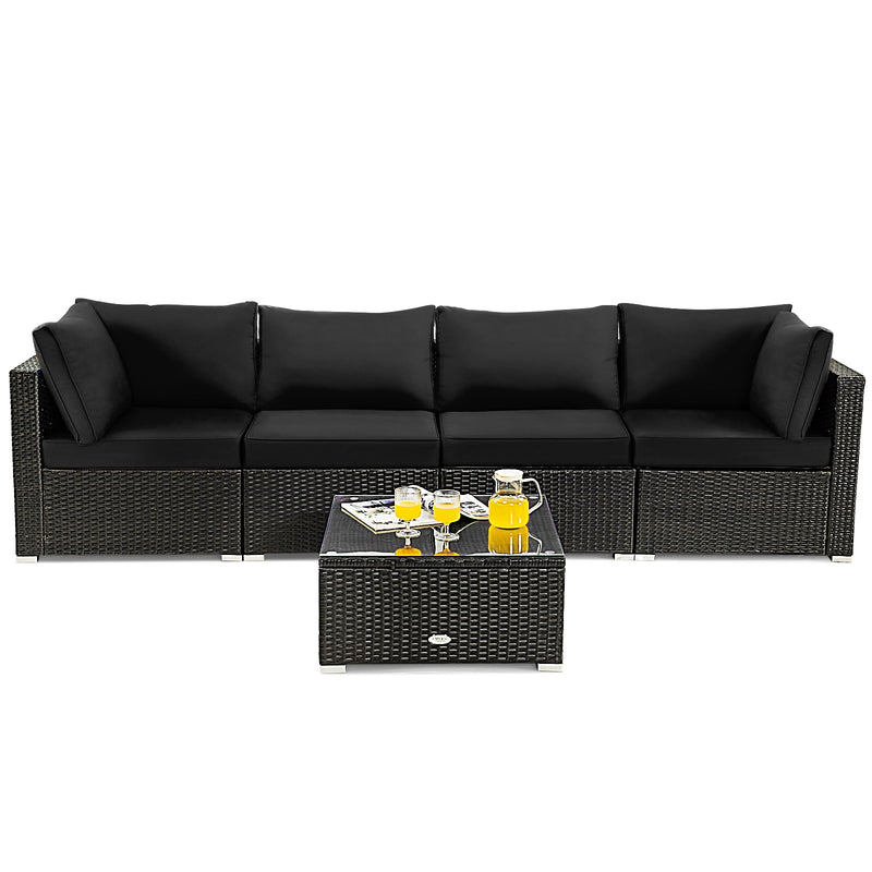 Costway - 5 Pieces Cushioned Patio Rattan Furniture Set with Glass Table-Black