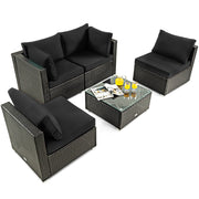 Costway - 5 Pieces Cushioned Patio Rattan Furniture Set with Glass Table-Black
