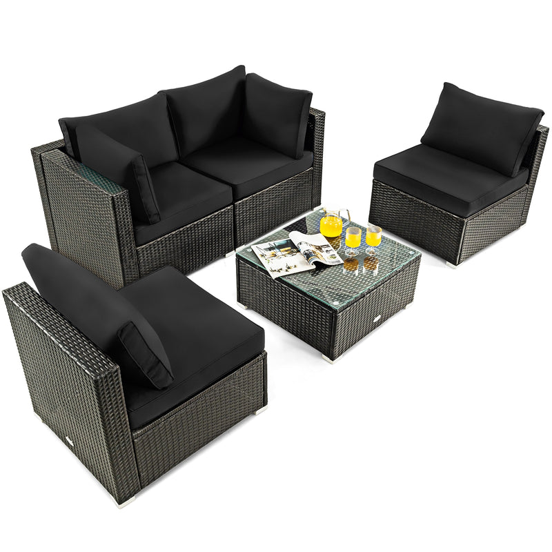 Costway - 5 Pieces Cushioned Patio Rattan Furniture Set with Glass Table-Black