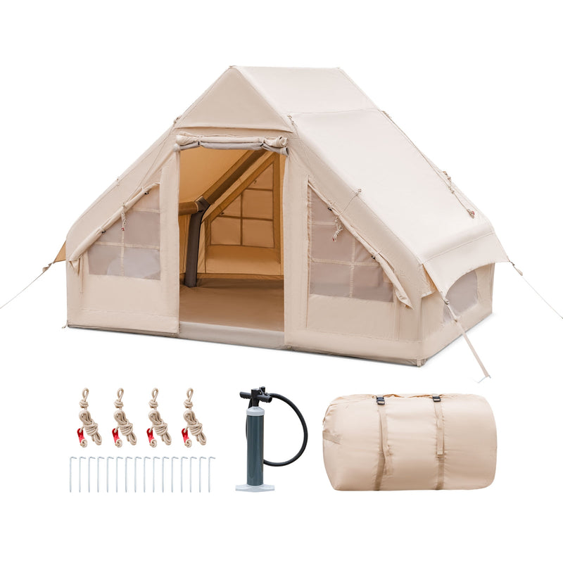 Costway - Inflatable Camping Tent 2/4/6 People Glamping Tent for Family Camping with Pump-Beige