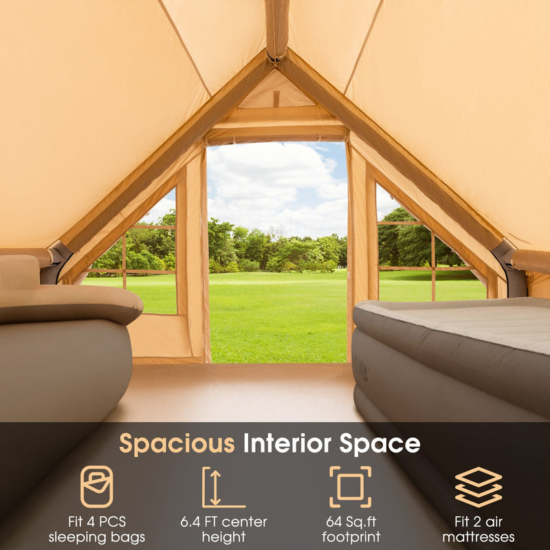 Costway - Inflatable Camping Tent 2/4/6 People Glamping Tent for Family Camping with Pump-Beige