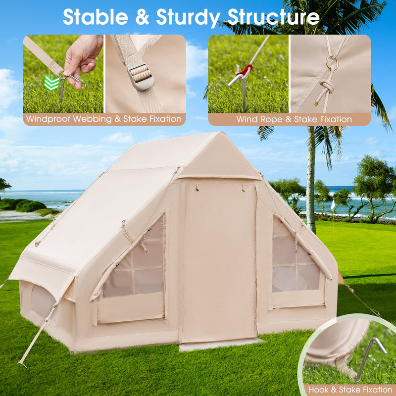 Costway - Inflatable Camping Tent 2/4/6 People Glamping Tent for Family Camping with Pump-Beige