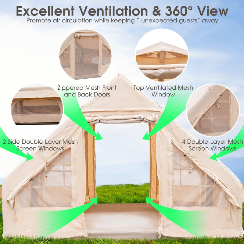 Costway - Inflatable Camping Tent 2/4/6 People Glamping Tent for Family Camping with Pump-Beige