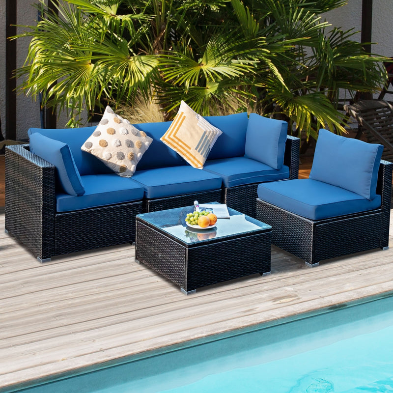 Costway - 5 Pieces Cushioned Patio Rattan Furniture Set with Glass Table-Navy