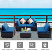 Costway - 5 Pieces Cushioned Patio Rattan Furniture Set with Glass Table-Navy