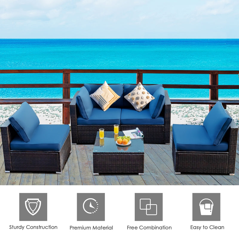 Costway - 5 Pieces Cushioned Patio Rattan Furniture Set with Glass Table-Navy