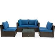 Costway - 5 Pieces Cushioned Patio Rattan Furniture Set with Glass Table-Navy