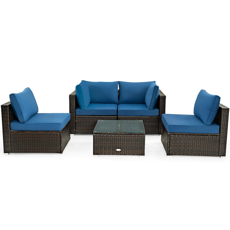 Costway - 5 Pieces Cushioned Patio Rattan Furniture Set with Glass Table-Navy