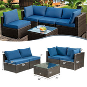 Costway - 5 Pieces Cushioned Patio Rattan Furniture Set with Glass Table-Navy