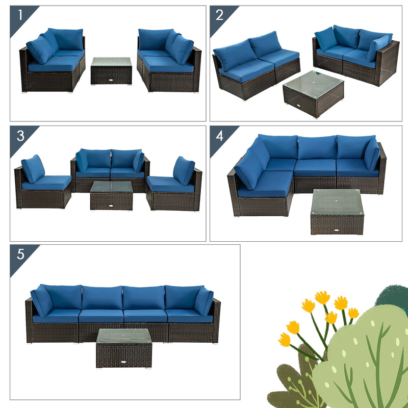 Costway - 5 Pieces Cushioned Patio Rattan Furniture Set with Glass Table-Navy