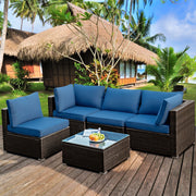 Costway - 5 Pieces Cushioned Patio Rattan Furniture Set with Glass Table-Navy